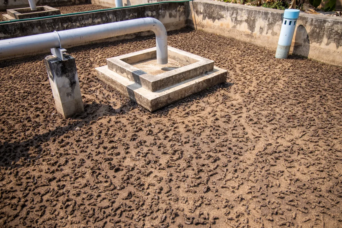Sludge pipe and drying bed at a wastewater treatment facility