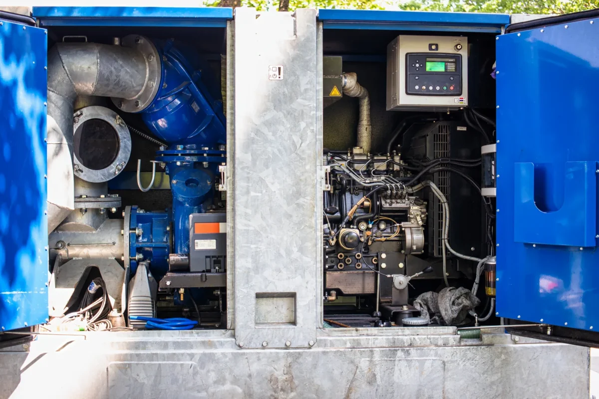Mobile pumping equipment with gauges and an open service panel