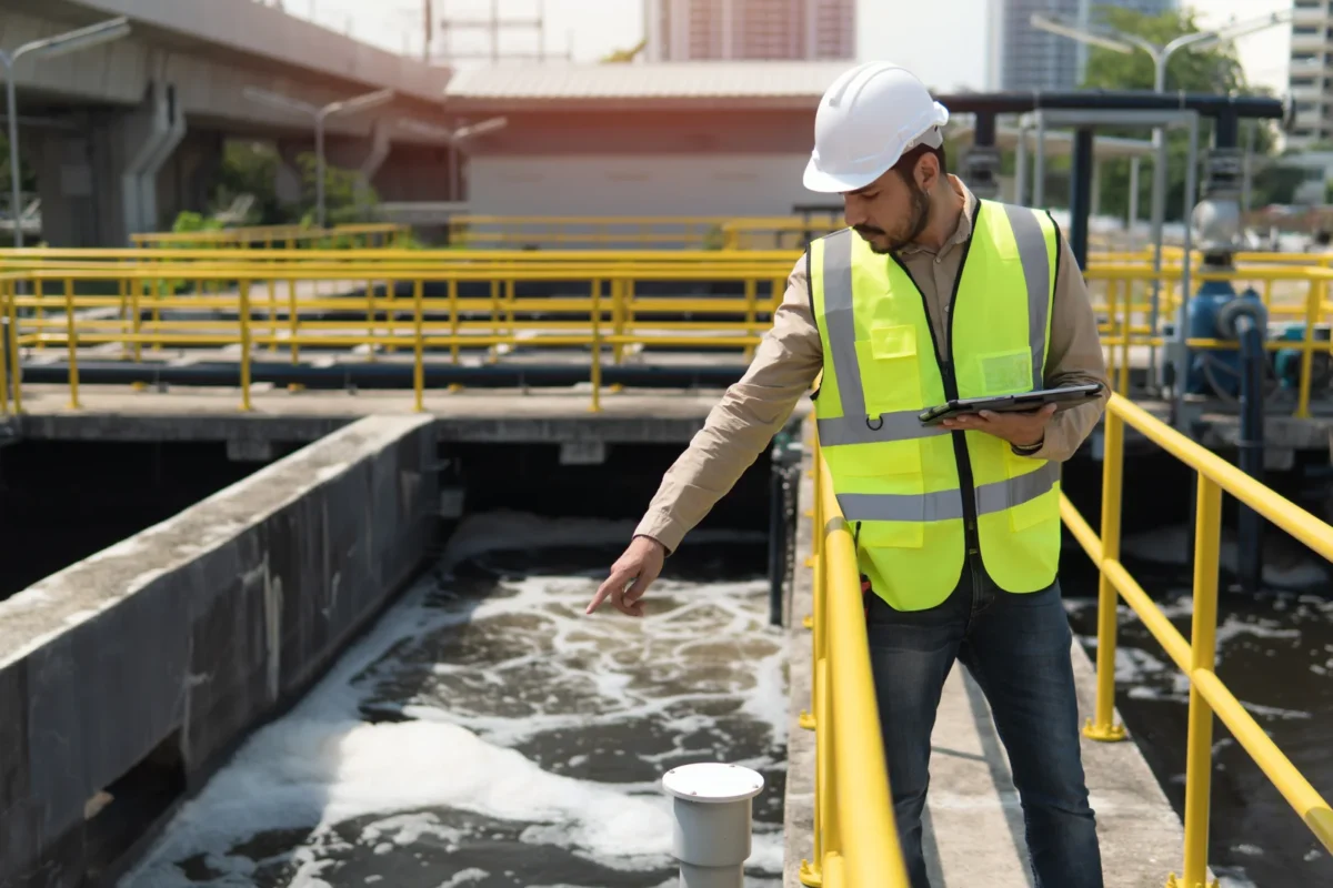 Engineer inspecting an aerated wastewater treatment tank