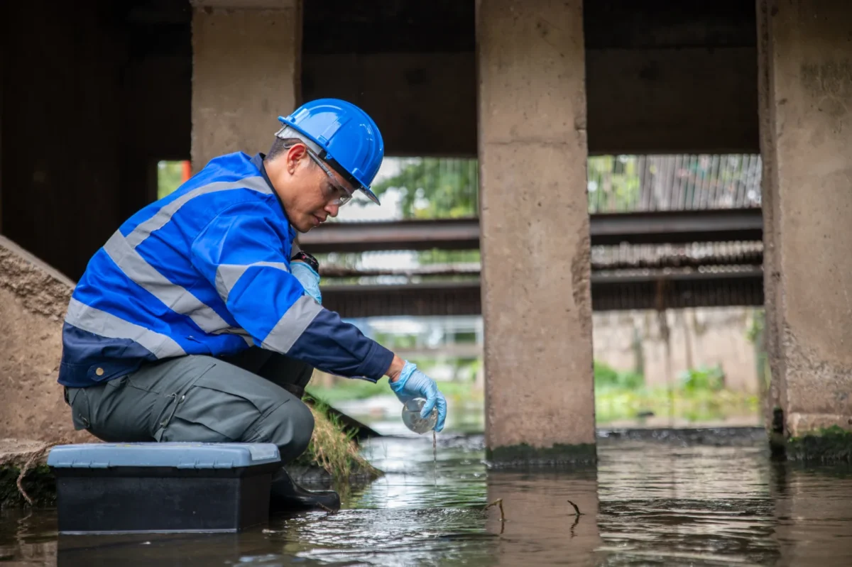 Worker wearing protective clothing collecting a wastewater sample