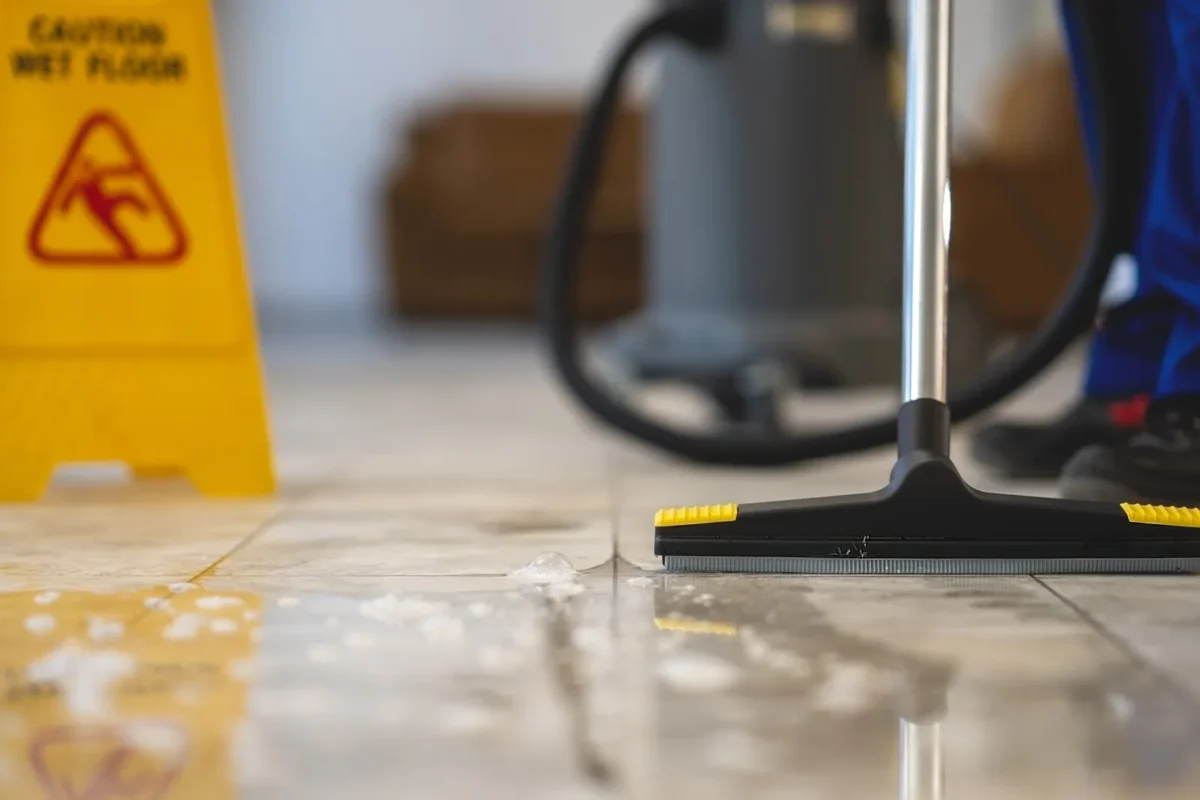 Wet vacuum extracting standing water from an indoor tiled floor